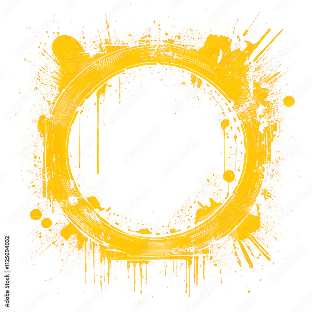 Poster a vibrant yellow circular paint splash with drips and splatters, creating an artistic and dynamic ef