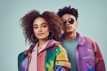 Two people wearing colorful jackets and sunglasses pose for a photo