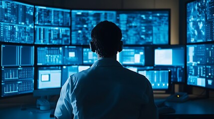 A technician monitoring alarms in a control room, soft ambient light reflecting off digital displays.