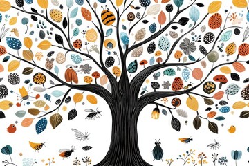 Obraz premium A whimsical 2D drawing of a tree surrounded by small animals, insects, and mushrooms, all illustrated in vibrant hues on white
