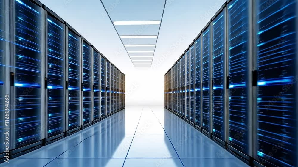 Poster modern data center with server racks and bright corridor ideal for technology and innovation