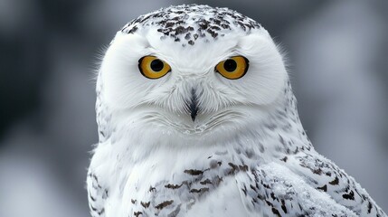 Obraz premium In a serene winter landscape, a snowy owl sits calmly against a backdrop of glistening snow, its bright yellow eyes and snowy plumage capturing the beauty of the season