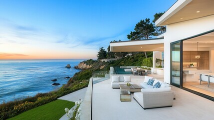 Fototapeta premium Coastal Retreat with Glass Walls and Ocean View Terrace