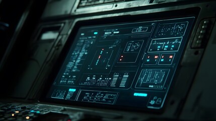 Obraz premium Close-up of a control interface with blinking indicators, shadows enhancing the urgency of the situation.