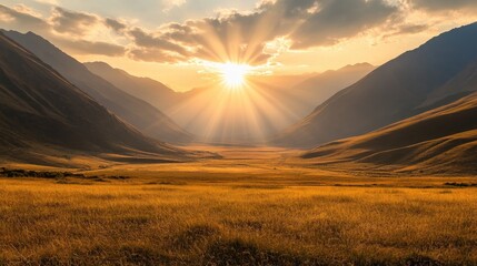 A tranquil scene of the sun rising between two towering mountains, casting golden light over the valley, creating a picturesque and serene landscape