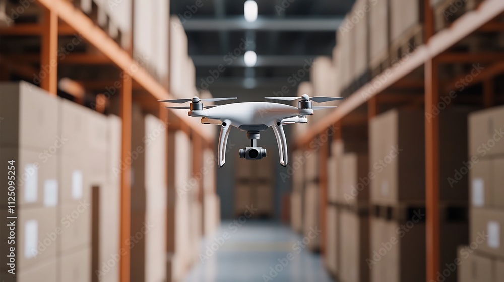 Poster conceptual smart warehouse with robotic arms drones and automated logistics systems