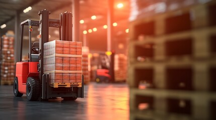 Fototapeta premium Busy Distribution Center with Forklifts Moving Large Pallets of Goods in Warehouse