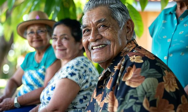 Senior smiling cheerful hispanic retired people in elderly care center sitting outdoors