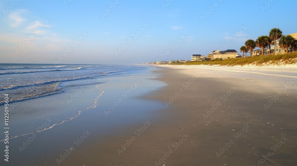 Poster tranquil beach scene with gentle waves lapping softly against the shore surrounded by swaying palm t