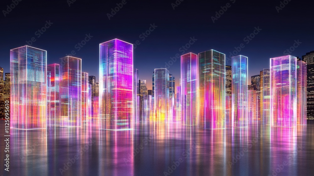Poster a vibrant 3d bar chart with transparent bars of different heights, set against a digital interface w