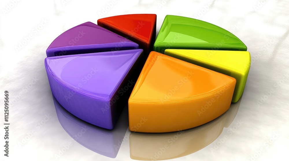 Poster a vibrant 3d pie chart with translucent slices in neon colors, hovering above a reflective surface. 