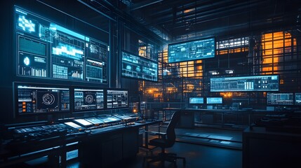 Fototapeta premium Dimly lit industrial site, screens showcasing data flow from distributed control systems, shadows creating a tense atmosphere.
