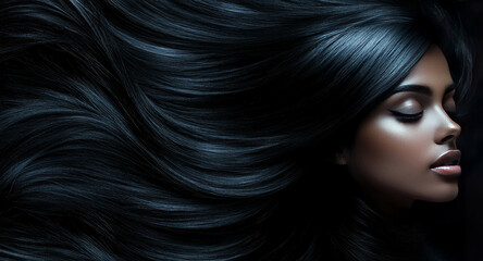 Obraz premium Elegant black woman showing long and healthy shiny hair flowing in the wind