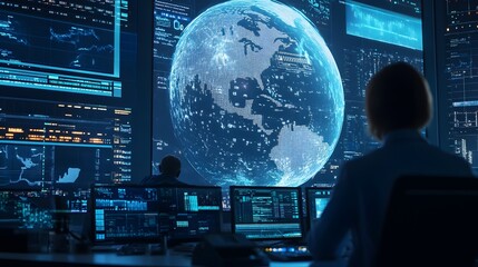 A futuristic command center with a large digital globe showcasing real-time data from distributed systems, technicians in deep concentration.