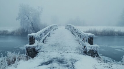 Obraz premium Frosty Bridge Over Icy Winter River Landscape