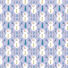 Cartoon wallpaper snowman pattern alternating with trees in a seamless row hand-drawn cute sweet blue soft with white dots alternating fashion education gift paper book.