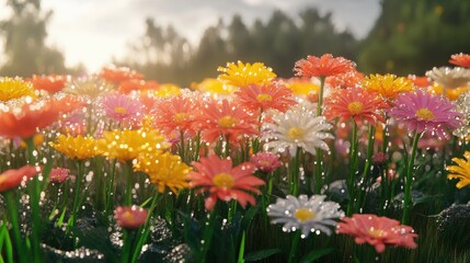 A vibrant flower garden captured in the early morning, with droplets of water clinging to the petals, creating a refreshing and lively atmosphere