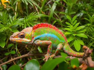 Fototapeta premium Colorful chameleon on a branch in the tropical forest.