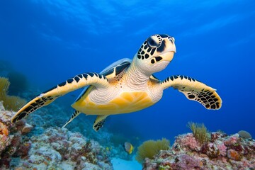 Fototapeta premium Earth underwater world, featuring coral reefs teeming with colorful fish, turtles, and intricate coral structures