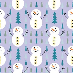 Cartoon wallpaper snowman pattern alternating with trees in a seamless row hand-drawn cute sweet blue soft with white dots alternating fashion education gift paper book.