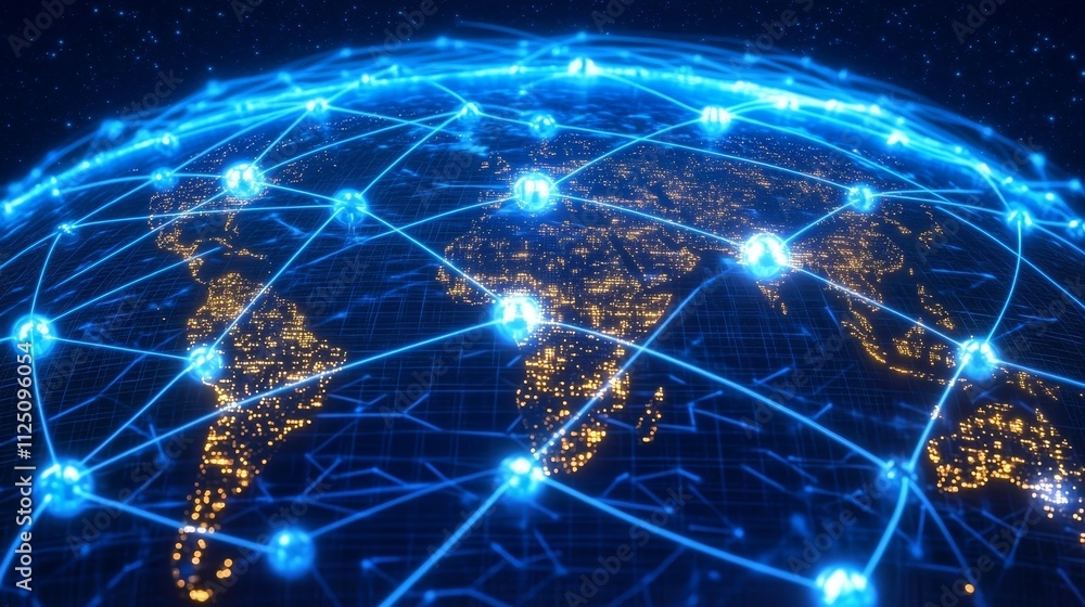 Poster global network connections, a futuristic view of interconnectivity with glowing nodes and lines