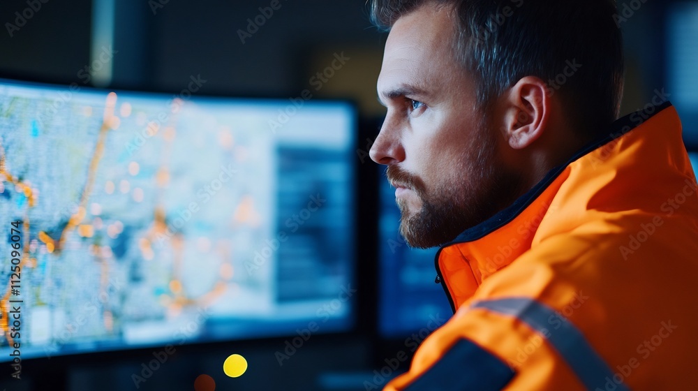 Poster logistics manager optimizing shipping routes with digital map and gps system