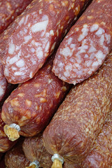 A large pile of smoked sausages