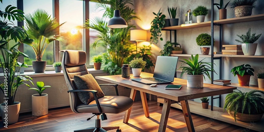 Poster creative conceptual photography representing work from home environment with 3d elements emphasizing