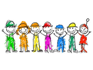 Fototapeta premium Children hand drawn team of happy workers stick figure illustration on a white background. 