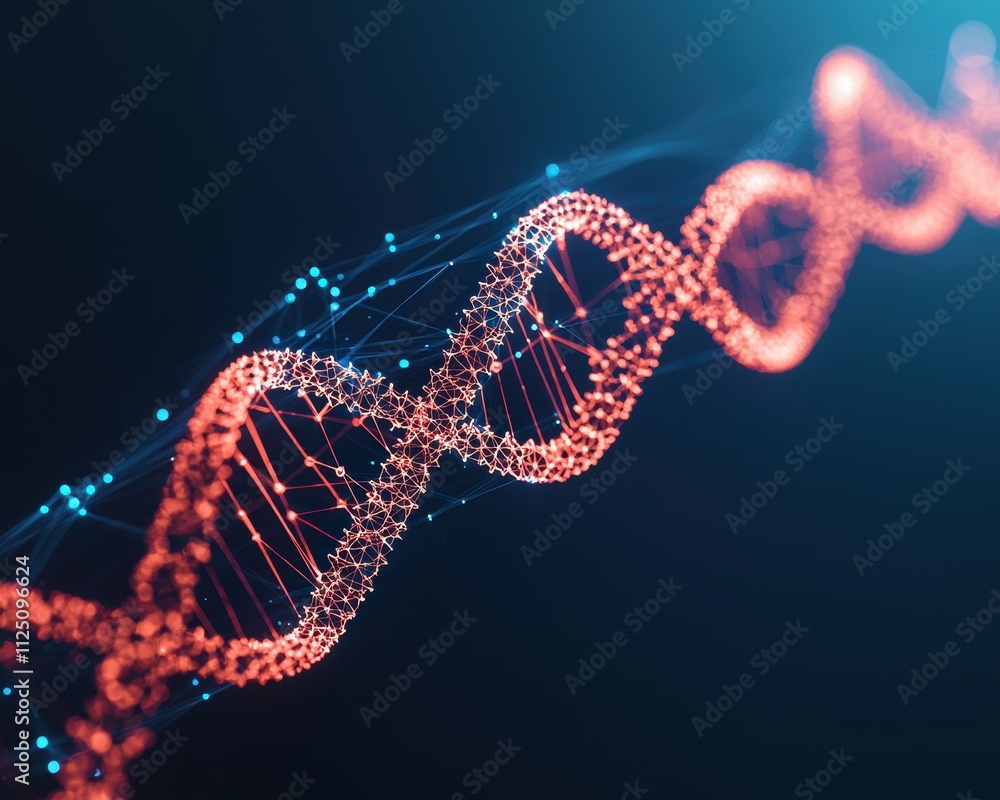 Poster 3d rendering of a glowing dna strand with vibrant colors on a dark background.