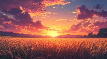 Naklejka premium Golden Wheat Field Sunset Landscape With Mountains