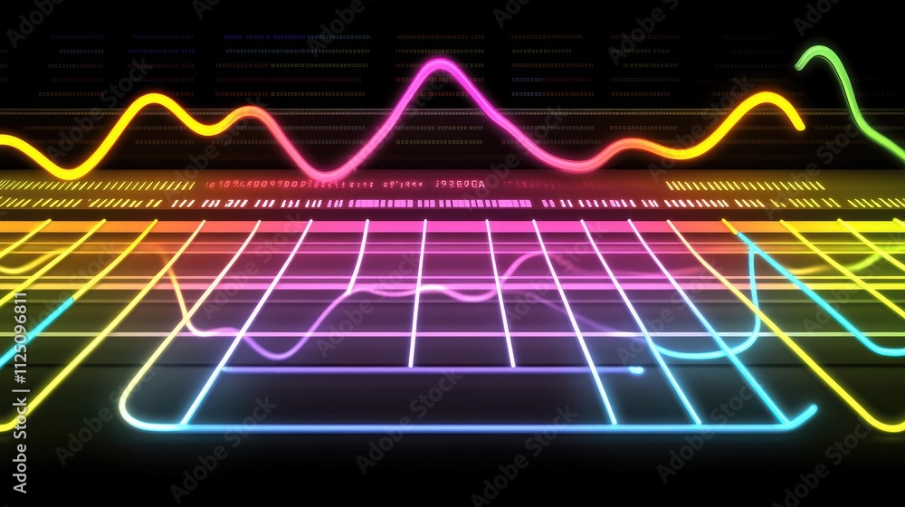 Poster a vibrant stock chart with colorful lines, arrows, and candlestick patterns, illustrating market mov
