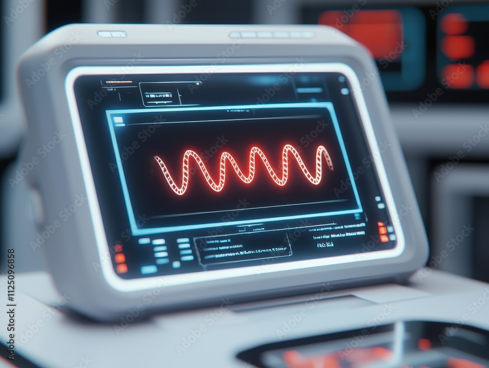 Poster medical monitor displaying waveforms in a futuristic setting.