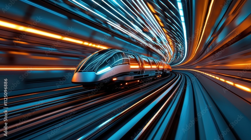 Poster high-speed train in motion with dynamic light trails and futuristic colors.