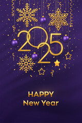 Happy New Year 2025. Hanging Golden metallic numbers 2025 with shining snowflakes, 3D metallic stars, balls and confetti on purple background. New Year greeting card or banner template. Vector.