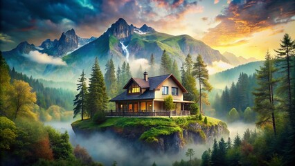 Fototapeta premium Creative Double Exposure Photography of a Beautiful House Merged with Nature, Showcasing a Serene Landscape and Architectural Elements for Stunning Visual Impact