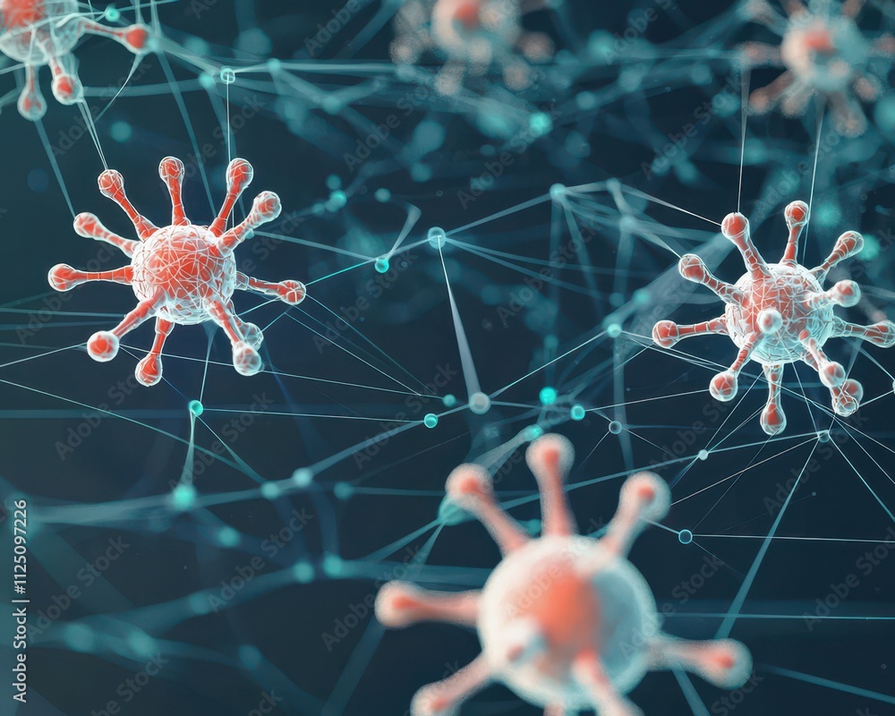 Poster microscopic view of viruses interconnected by digital networks.