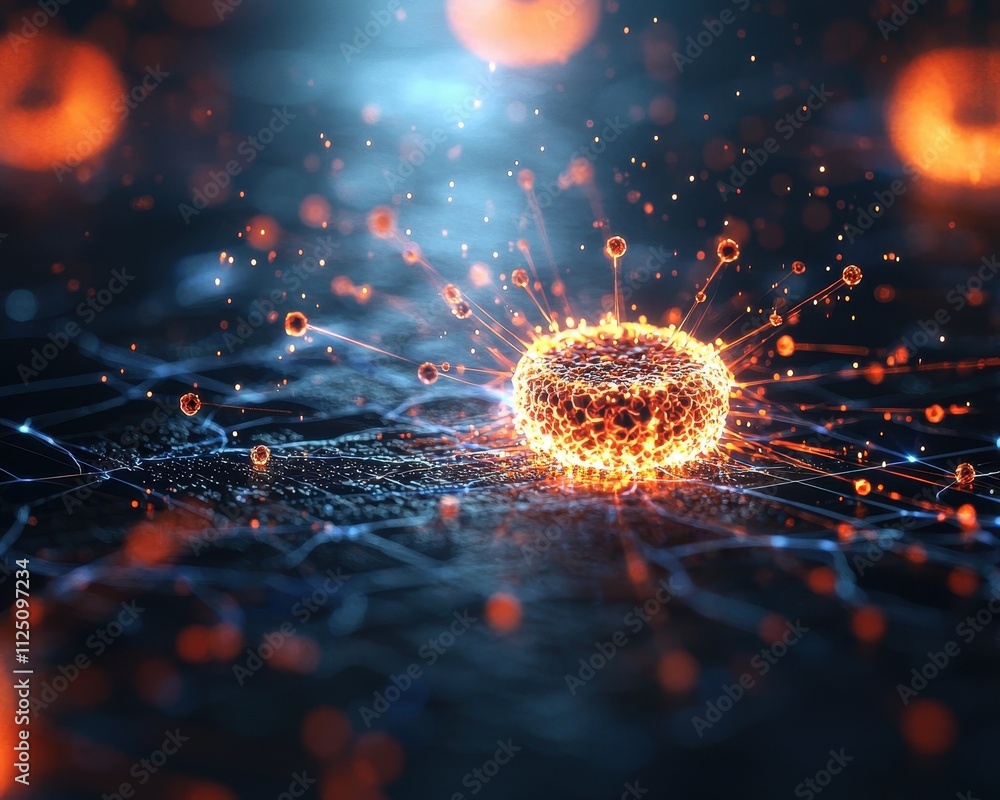 Aufkleber digital representation of a glowing atom surrounded by particles and energy waves.
