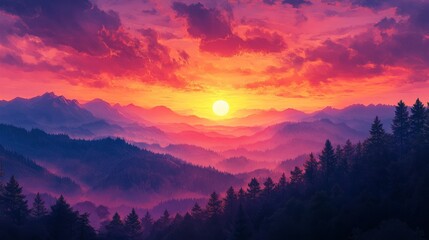 Obraz premium Vibrant Sunset Over Misty Mountain Ranges And Forest
