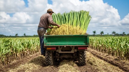 Fototapeta premium Farmer Loading Sugarcane Crop into Truck on Agricultural Farmland