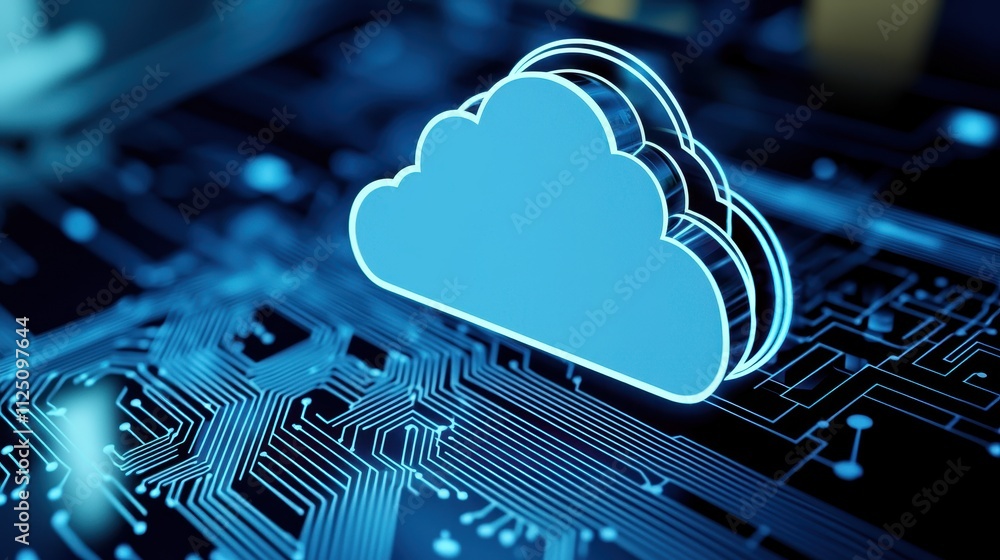 Aufkleber cloud computing concept with a blue cloud icon over a circuit board background.