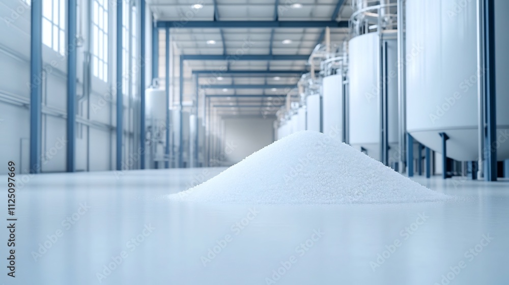 Poster 3d rendering of automated sugar refining production with industrial machinery and crystals