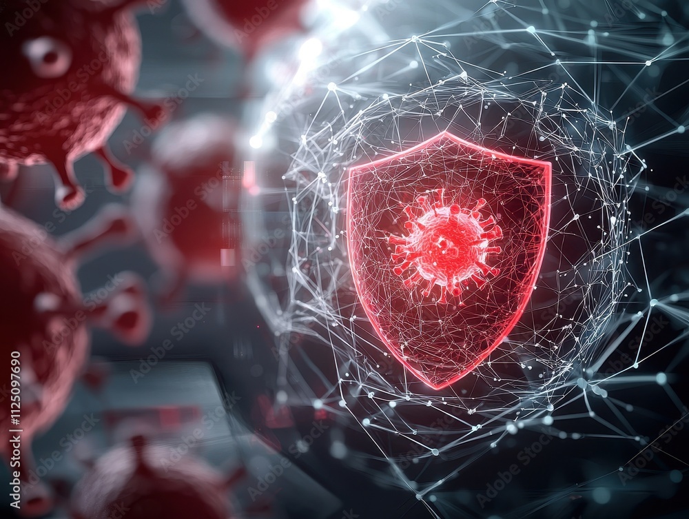 Poster digital shield protecting against viruses in a tech-inspired backdrop.