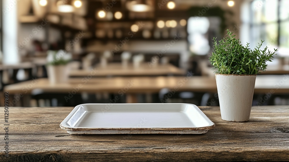Poster empty white food tray on rustic table in cafeteria setting with copy space, food service concept