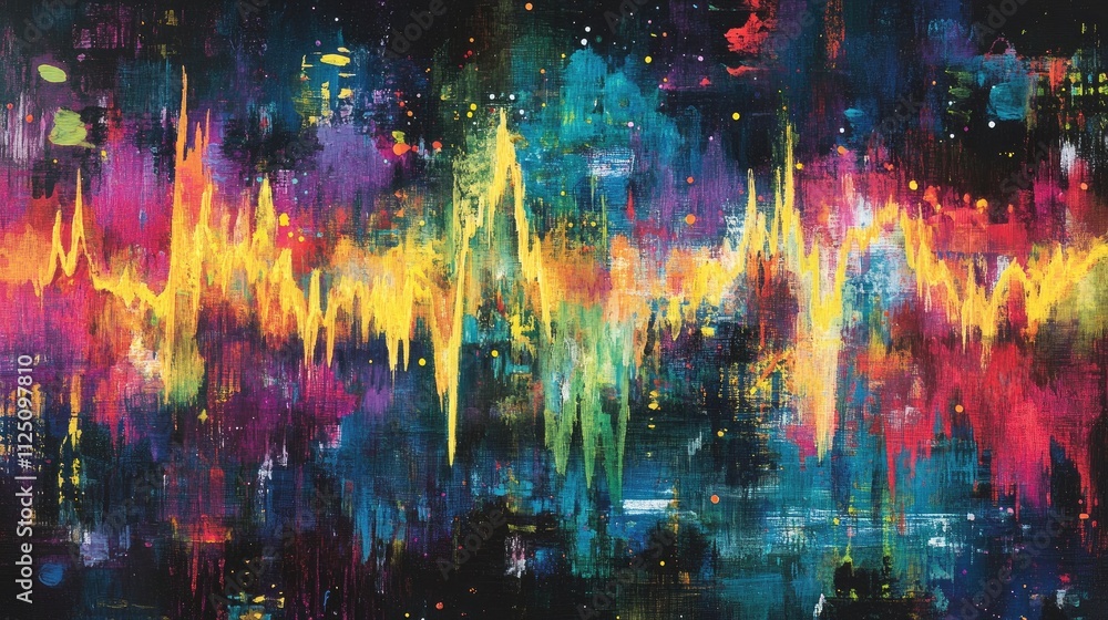 Poster an abstract visualization of sound waves resembling a heartbeat, vibrant colors pulsating outward, c