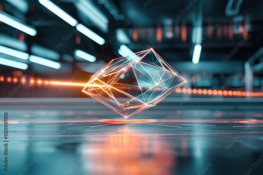 Poster futuristic digital cube glowing in a high-tech environment with neon lights.