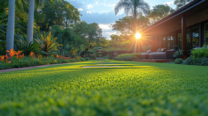 Lush green lawn with vibrant flowers and sunset view, creating serene outdoor space perfect for relaxation and gatherings