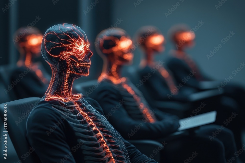 Aufkleber futuristic robotic figures with glowing circuitry in a dark setting.