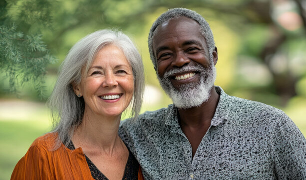 Laughing interracial senior couple smiling and embracing in park
