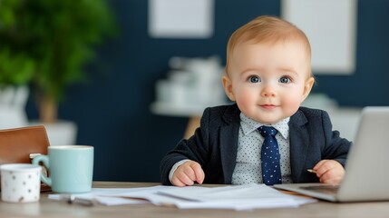 Adorable baby dressed as business executive in office setting